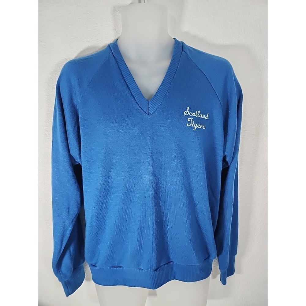 Vtg Dodger Sportswear Royal Blue V-Neck Acrylic Sweater Sz L- Scotland Co Tigers